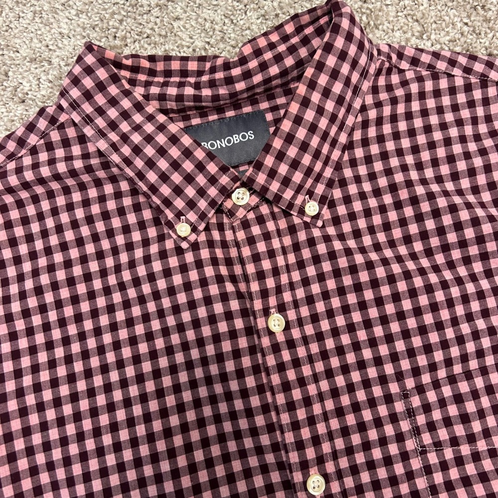 Bonobos Standard Fit Button Down Shirt Men XXL Pink Burgundy Gingham Plaid Cotto